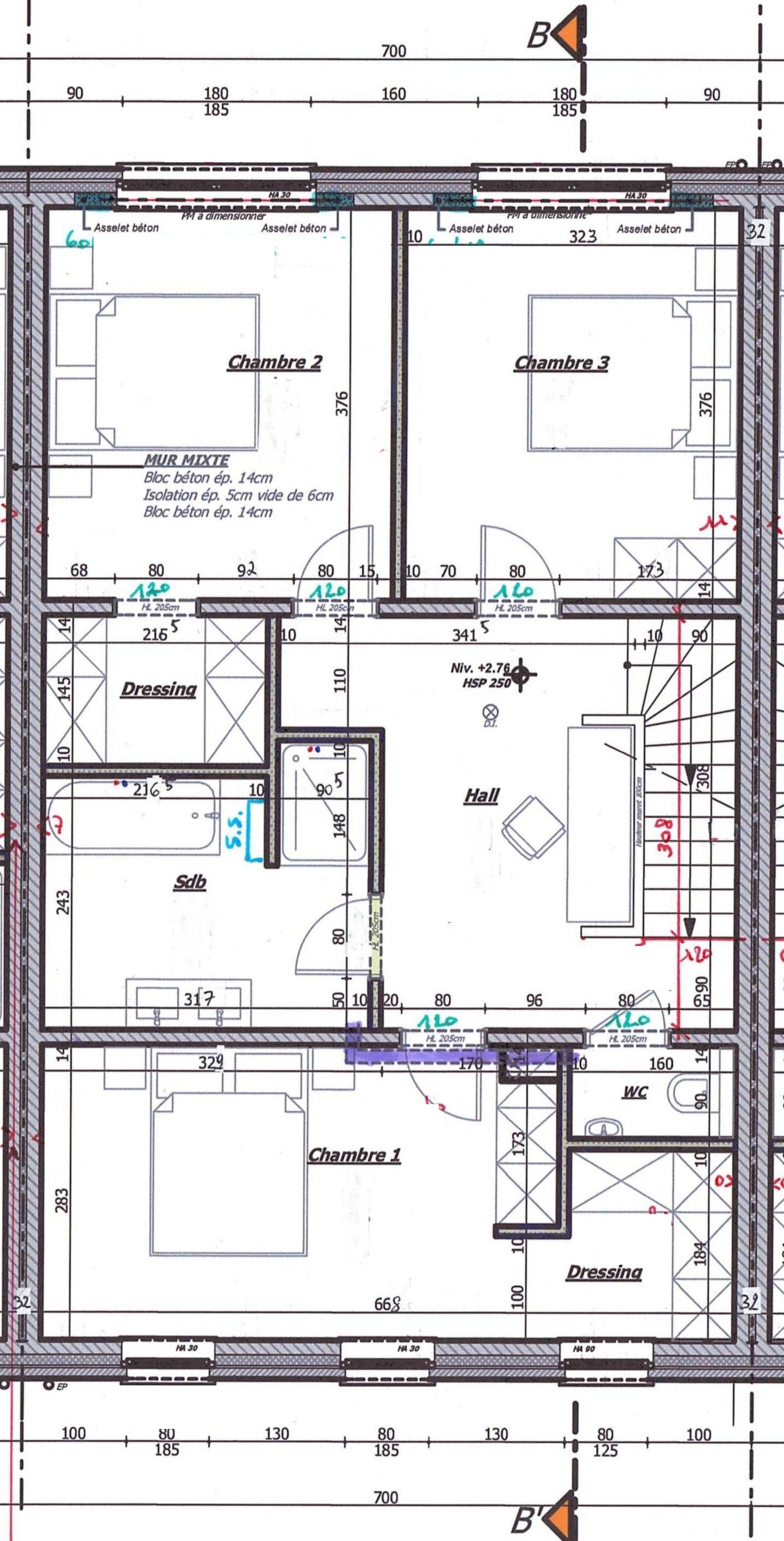 Plan : étage de la maison B3, Résidence Mosa à Jambes