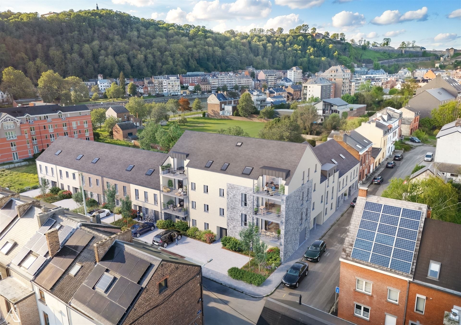 Vue aérienne de la Résidence Mosa à Jambes, entre la Meuse et la citadelle de Namur